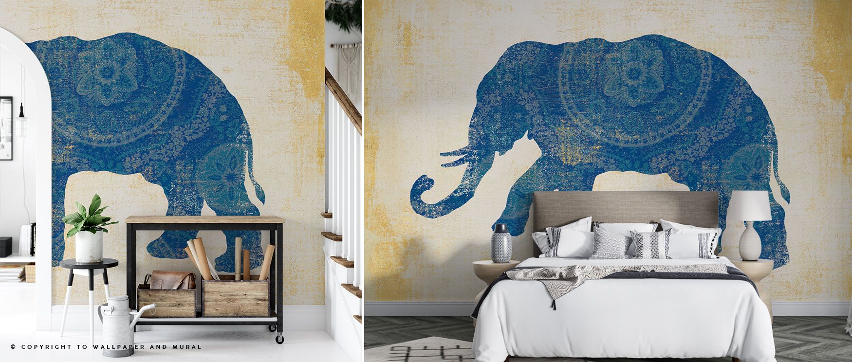 Raja Elephant II Wallpaper reveals majestic contours softened by bronze light. The ornate design reflects craftsmanship steeped in tradition, offering interiors a sense of poetic balance and gentle opulence inspired by timeless cultural artistry. 