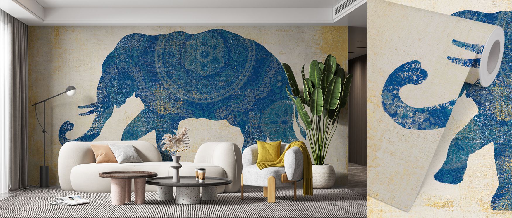 Detailed textures flow across Raja Elephant II Wallpaper, where elegance and symbolism merge in rhythmic form. Elephants appear as guardians of peace, their presence filling living areas with quiet grandeur and refined tranquillity that echo heritage and 