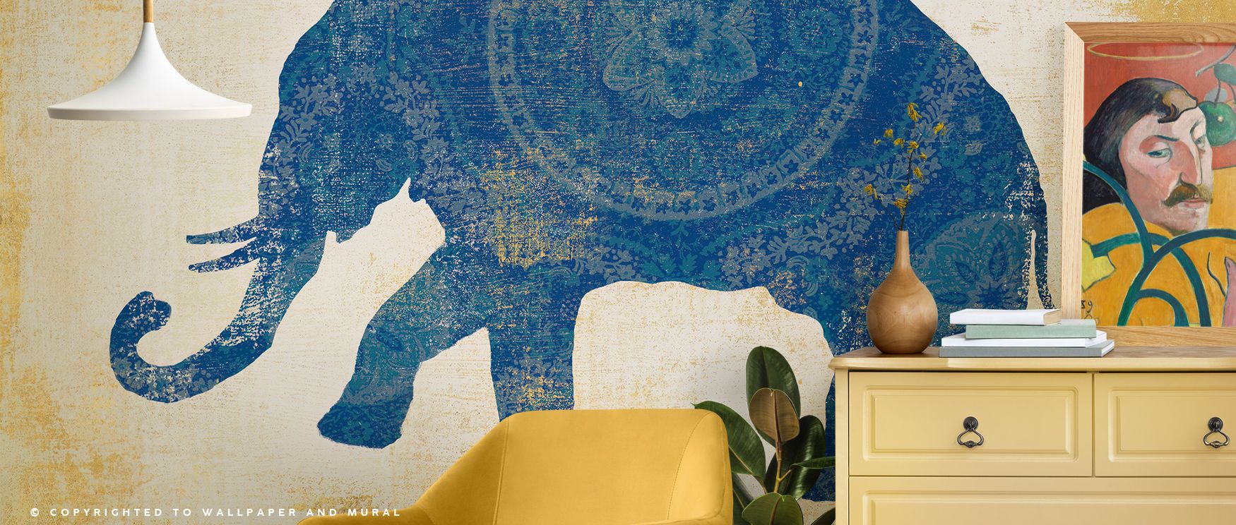 Raja Elephant II Wallpaper celebrates the artistry of wildlife through geometry and pattern, blending antique golds and muted neutrals. Its textured surfaces breathe warmth and elegance into interiors steeped in cultural refinement and tranquil luxury. 