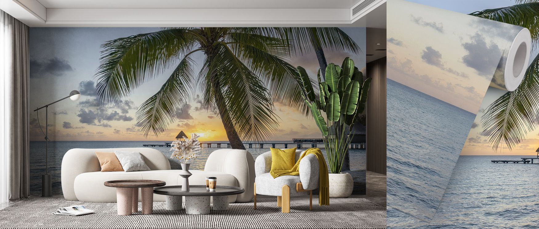 Soft layers of coral, lavender, and gold define the Rangiroa Sunset Wallpaper, evoking horizons touched by warmth and stillness. Each detail expresses nature’s artistry, lending a calming, elegant mood to every surface. 