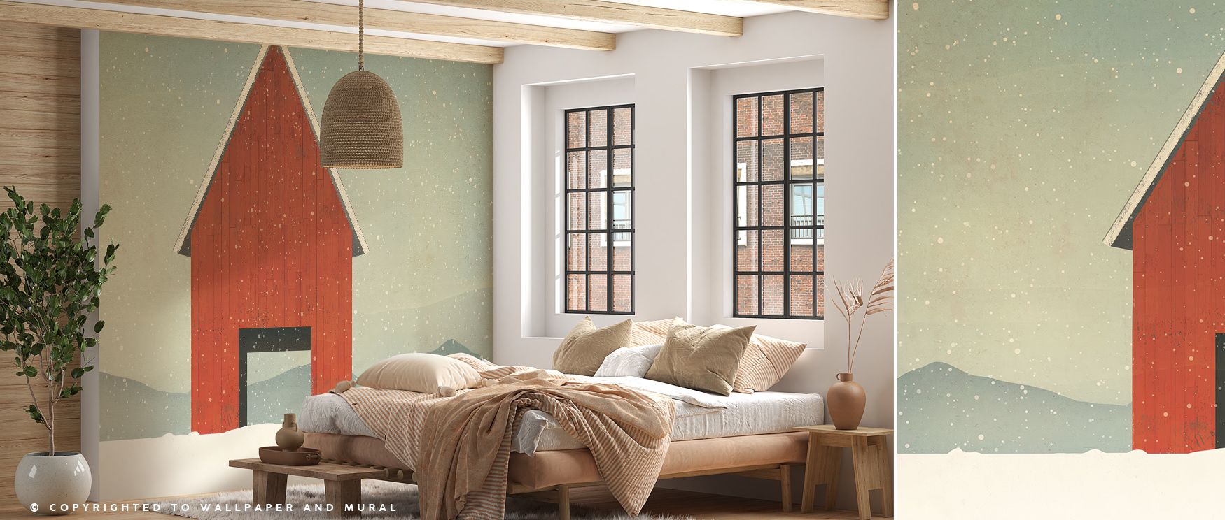 Hues of crimson and frost glide across Red Barn Winter Wallpaper, forming balance and clarity. Each detail radiates tenderness, offering visual comfort. The mural enriches interiors with rustic tone and peaceful winter artistry through harmonious rhythm. 