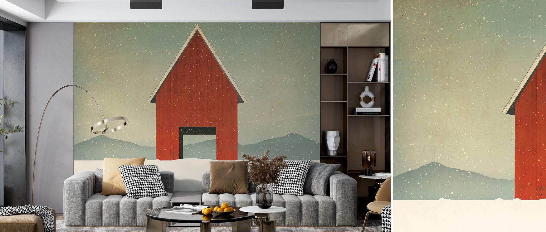Muted snow tones and brick-red accents merge through Red Barn Winter Wallpaper, reflecting calm beauty. Each contour radiates balance, turning interiors into tranquil reflections of rustic winter elegance through proportion and rhythm.