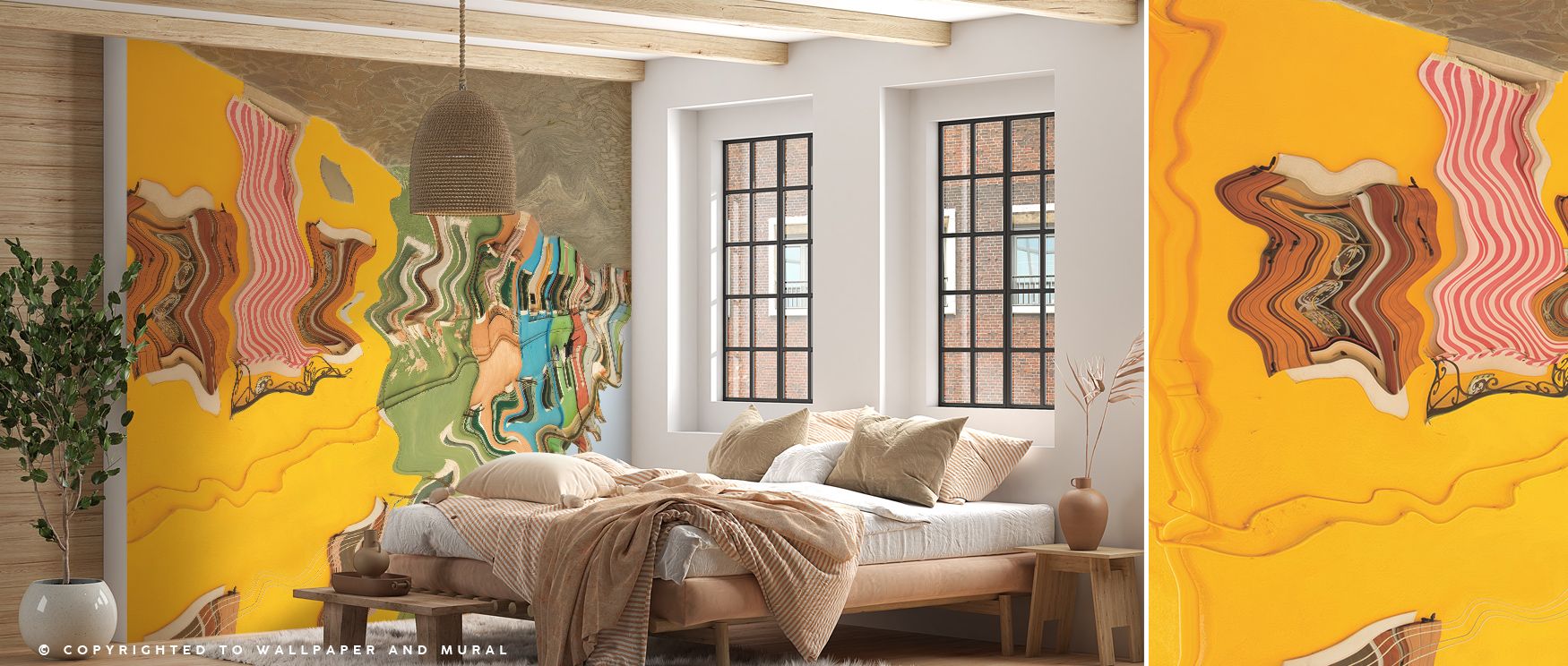 Soft blue and gold tones ripple through Reflections of Burano VI Wallpaper, revealing calm motion. Each reflection shimmers gently, forming harmony. The mural enhances interiors with balance, transforming walls into radiant visual compositions through des