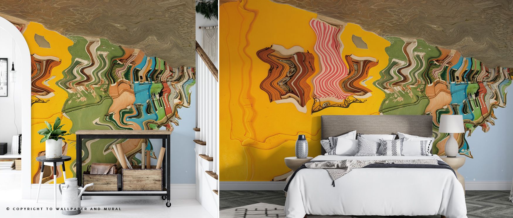 Subtle golden light flows through Reflections of Burano VI Wallpaper, creating texture and reflection. Each color glows warmly, turning interiors into luminous art scenes filled with motion and balance through refined Venetian tone. 
