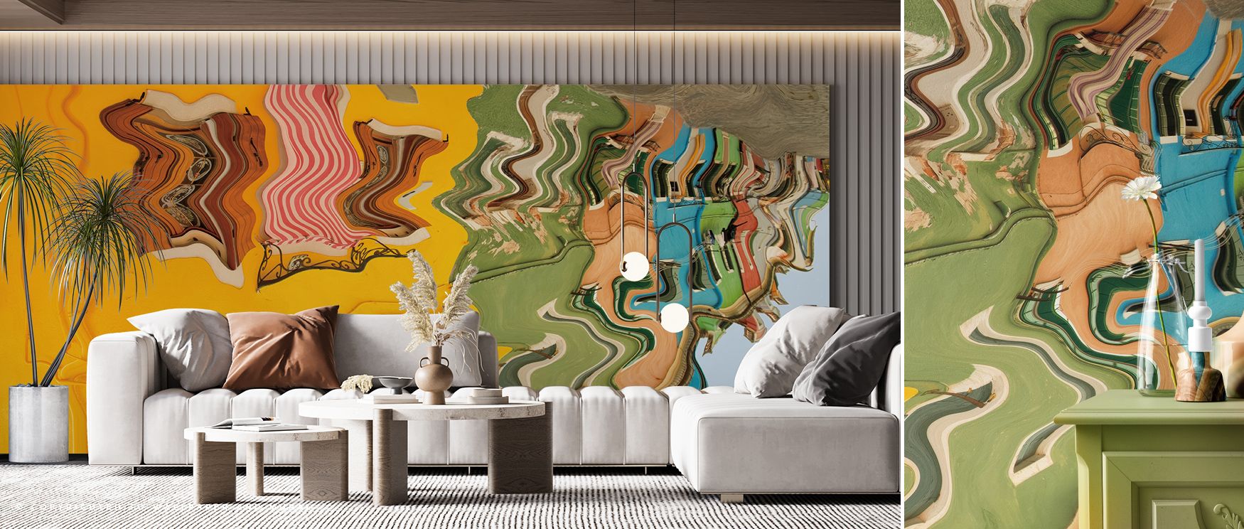 Soft cyan and vermilion reflections appear through Reflections of Burano VI Wallpaper, forming luminous balance. Each layer radiates warmth and rhythm, enhancing interiors with joyful composure through artistic tone and rhythm naturally. 