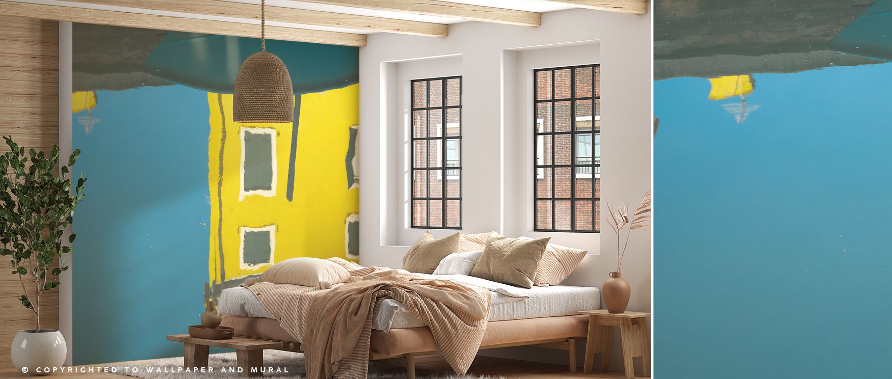 Hues of coral and azure glide through Reflections of Burano VIII Wallpaper, evoking balance and light. Each reflection captures movement, creating visual rhythm. The mural turns interiors into serene yet lively spaces filled with luminous Venetian artistr