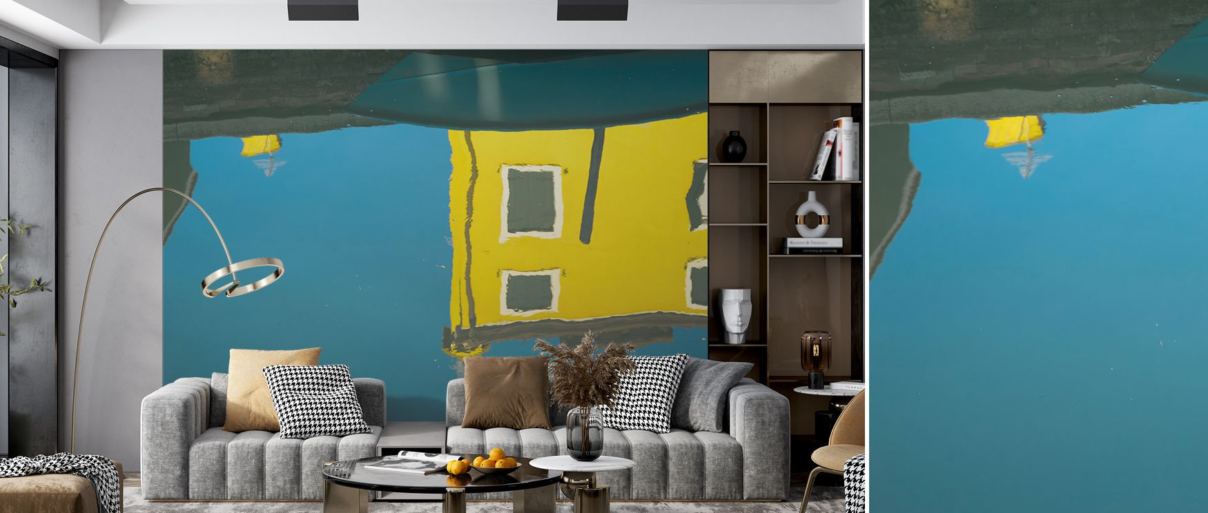 Rippling hues of coral, jade, and amber move through Reflections of Burano VIII Wallpaper, forming symmetry and brilliance. Each tone radiates peace and movement, enriching interiors with color unity and Venetian charm through compositional grace.