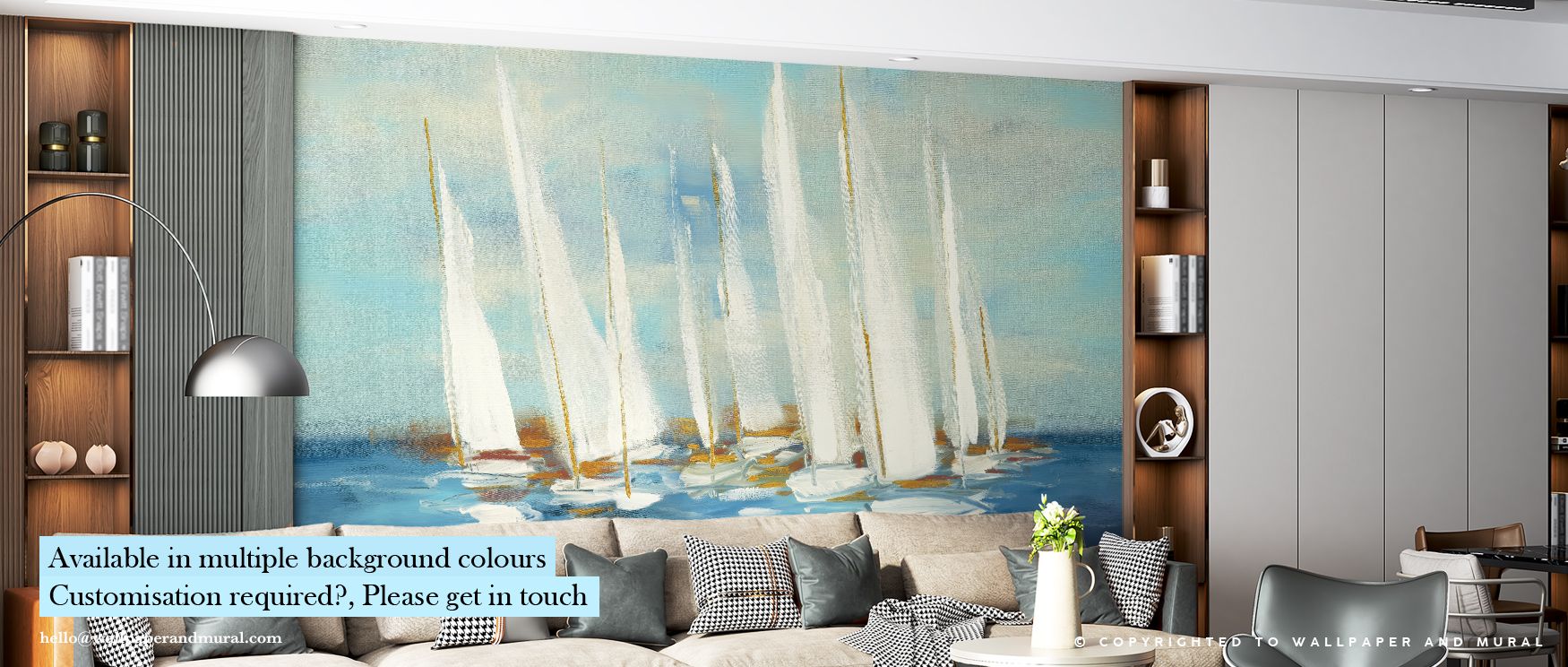 The Regatta Sail Wallpaper captures the spirit of open waters through minimalist sails outlined in silver-gray tones. Its design mirrors coastal elegance and sunlight interplay, transforming walls into horizons of tranquility ideal for spacious interiors 