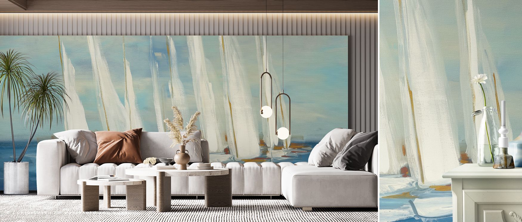The serenity of wind and water defines the Regatta Sail Wallpaper, where luminous sails drift across blue-gray expanses. This composition evokes contemplative quietude and distant horizons, perfect for elevating interiors with soothing coastal refinement 