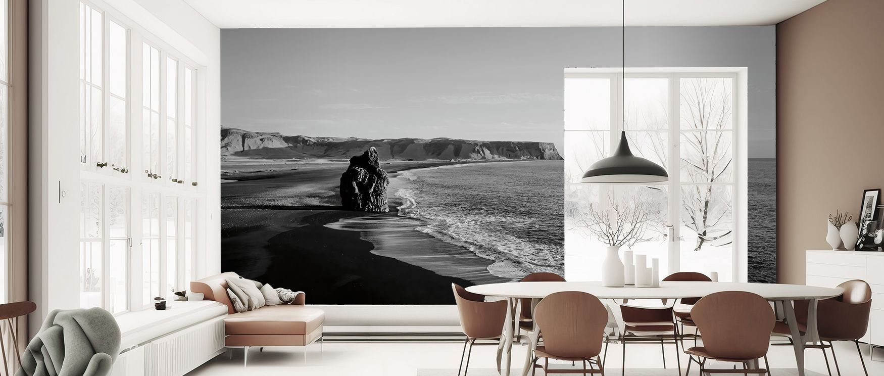 Every detail within the Reynisfjara Wallpaper reflects the grandeur of northern shores—dark sands, mist-filled skies, and distant waves converge to form an atmosphere of contemplative stillness and modern dramatic artistry for elevated living spaces.