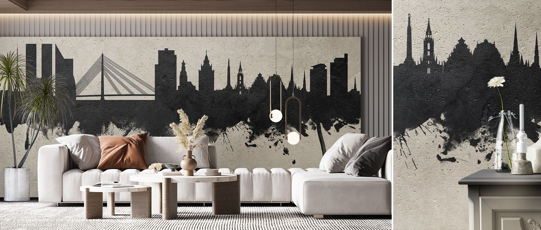 Modern rhythm resonates across Riga Latvia Skyline Concrete Wallpaper, combining shadow and clarity in gentle succession. Its smooth texture evokes urban quietude, ideal for interiors valuing structure, peace, and refined monochrome depth that defines con