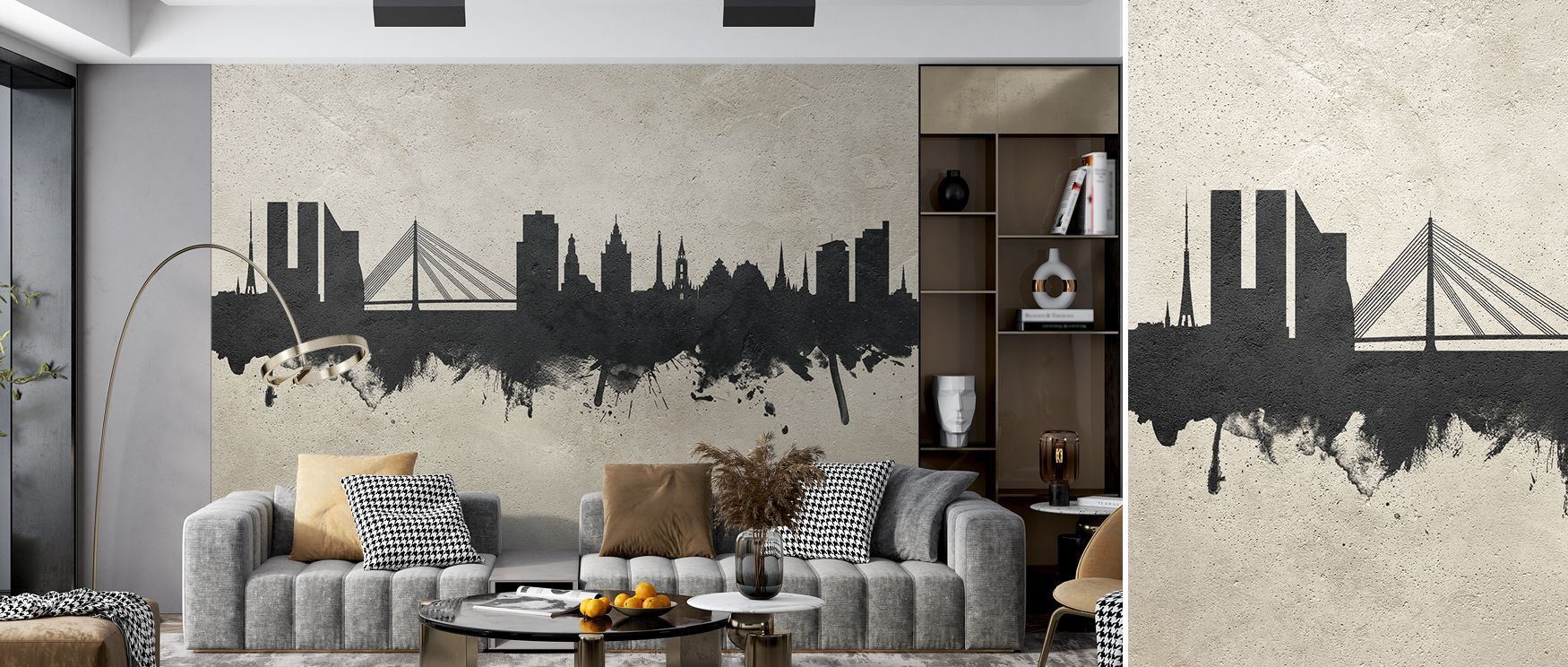 Metropolitan tranquility unfolds through Riga Latvia Skyline Concrete Wallpaper, where structured skyline silhouettes blend with airy minimalism. The refined interplay of gray hues brings unity and rhythm to interiors embracing modern calm and enduring ar