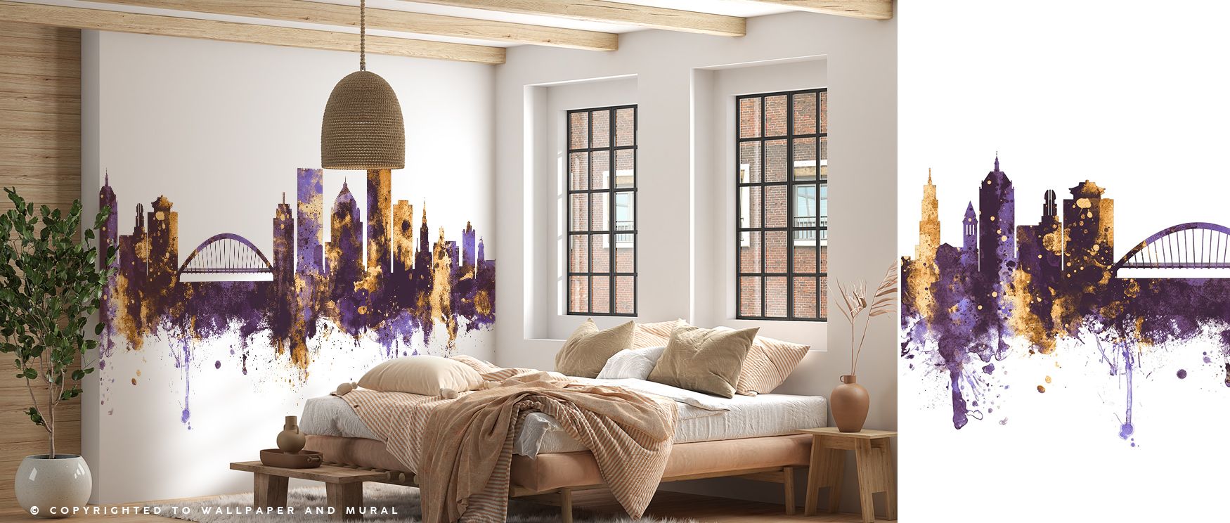 Evening hues embrace Rochester New York Skyline Purple & Gold Wallpaper, spreading radiant energy across reflective surfaces. Subtle gradients highlight architectural precision and city poise, offering a refined statement perfect for sophisticated contemp
