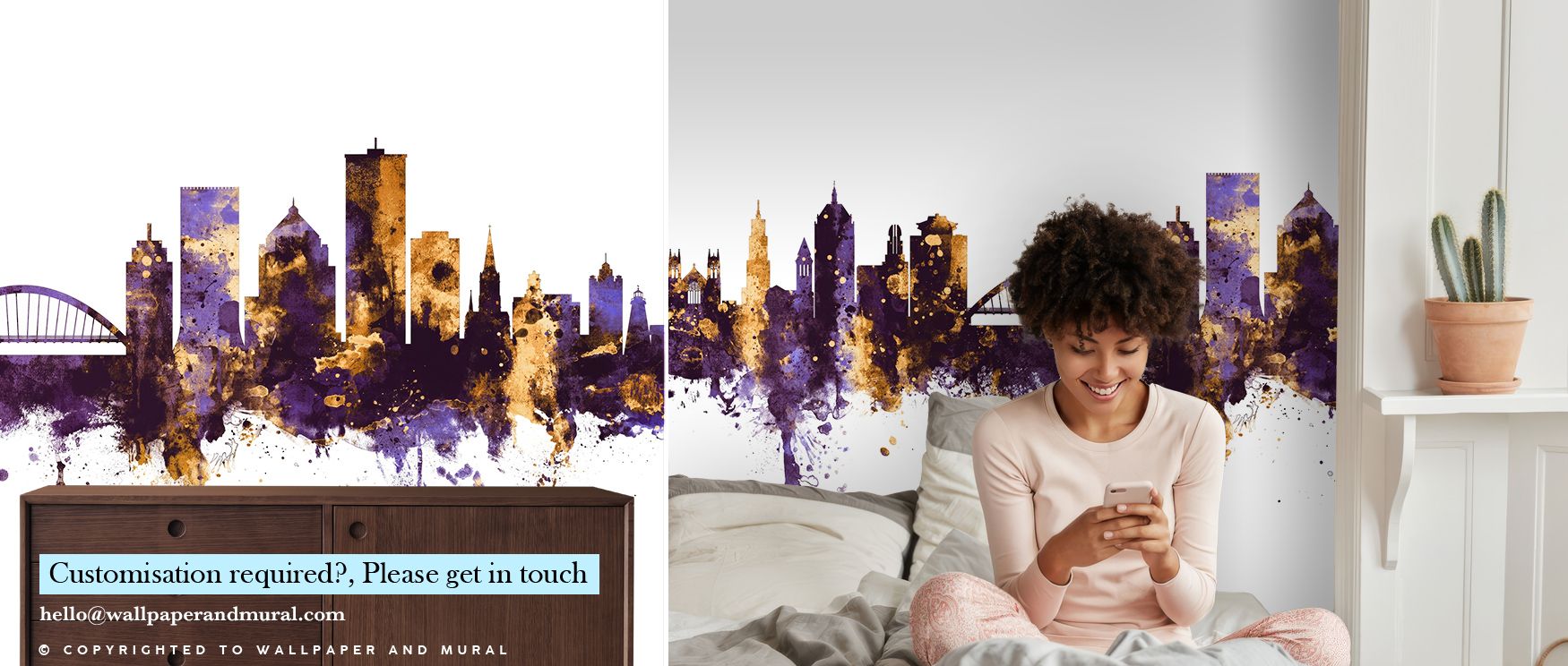 Gilded reflections enliven Rochester New York Skyline Purple & Gold Wallpaper, revealing luminous serenity through tonal interplay. Architectural forms appear suspended in gentle radiance, ideal for interiors celebrating balance between opulence and moder