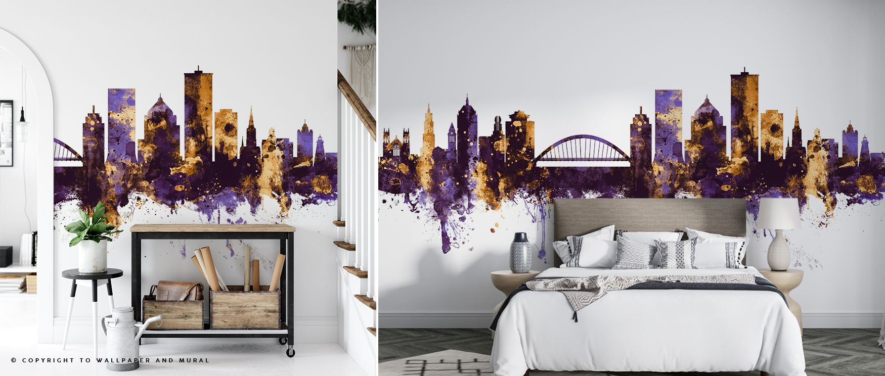 Dynamic silhouettes pulse through Rochester New York Skyline Purple & Gold Wallpaper, radiating warmth across delicate contours. The interplay of metallic tones generates peaceful vibrancy suited for elegant urban environments defined by taste and imagina