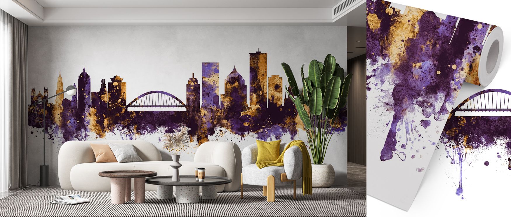Golden light intertwines with violet shadow across Rochester New York Skyline Purple & Gold Wallpaper, forming an atmosphere of contemplative glamour. Refined transitions create rhythm and depth ideal for interiors emphasizing confidence and enduring beau