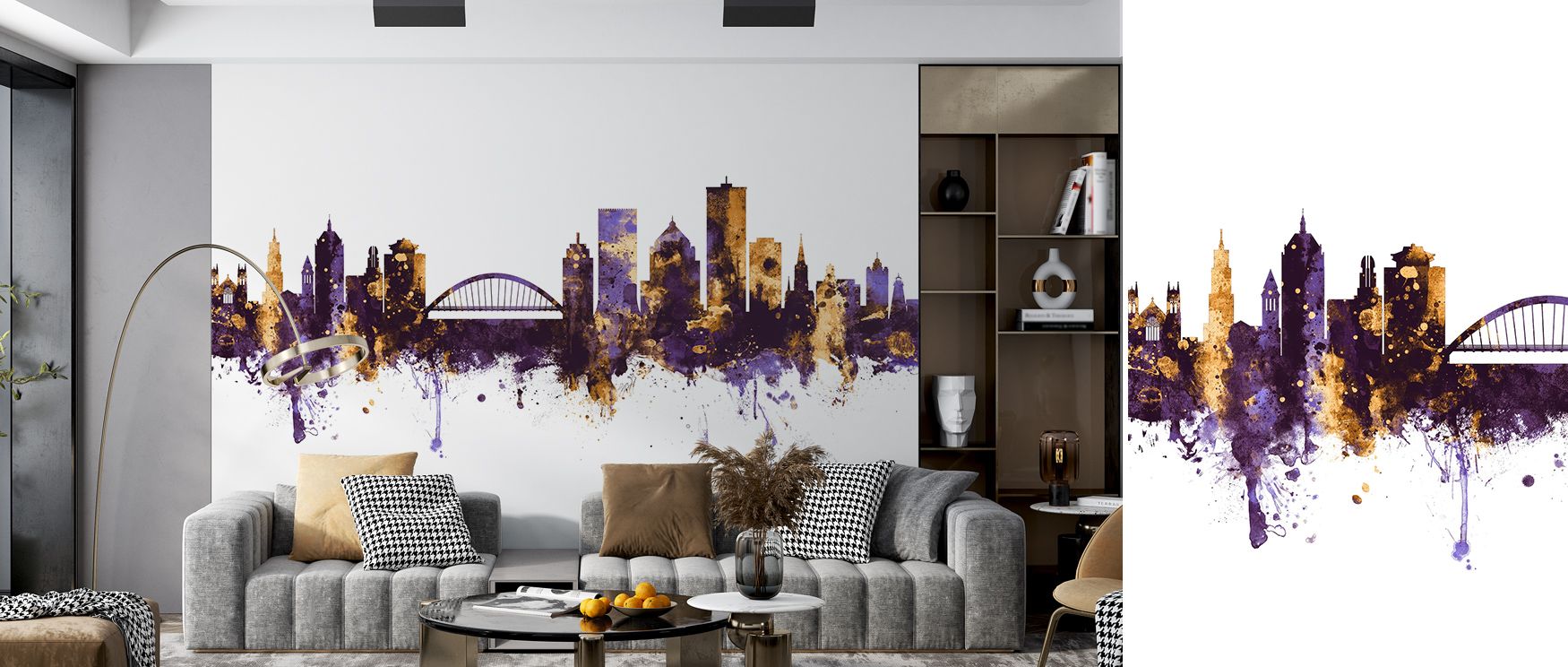 Under radiant tones, Rochester New York Skyline Purple & Gold Wallpaper captures architectural rhythm with visual poetry. Gold and violet hues move in gentle cohesion, ideal for interiors appreciating light as design and emotion as elegance.