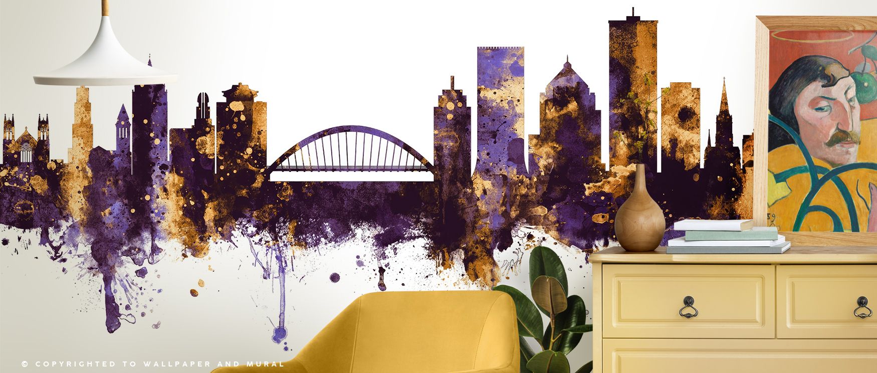 Velvet darkness meets glowing warmth within Rochester New York Skyline Purple & Gold Wallpaper, crafting moods of serenity and strength. Its luminous palette enriches rooms that favor expressive contrast and sculpted modernism in timeless form. 