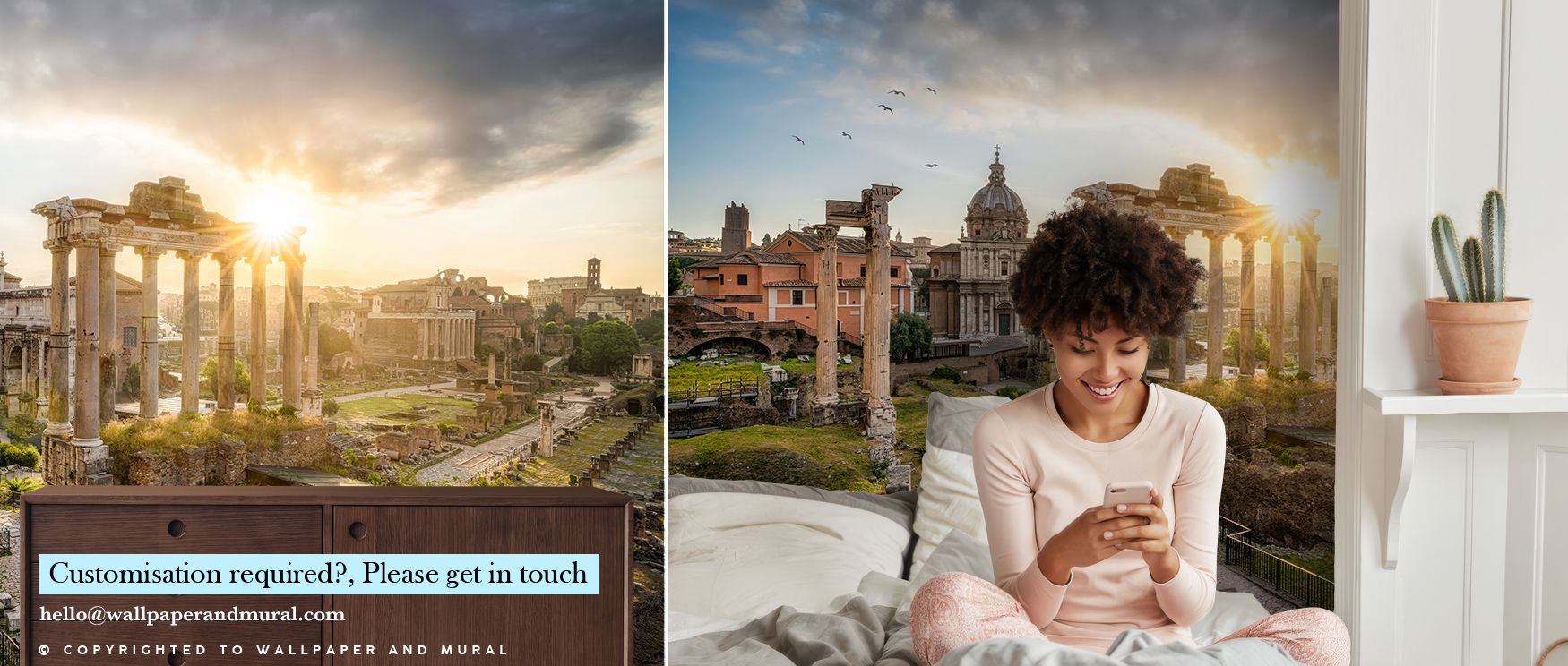 Soft light gathers across Roman Forum Sunrise Wallpaper, shaping harmonious rhythm through ancient architecture. Golden tones dissolve into pastel air, enriching interiors with contemplative grace and aesthetic integrity linked to Rome’s eternal charm. 