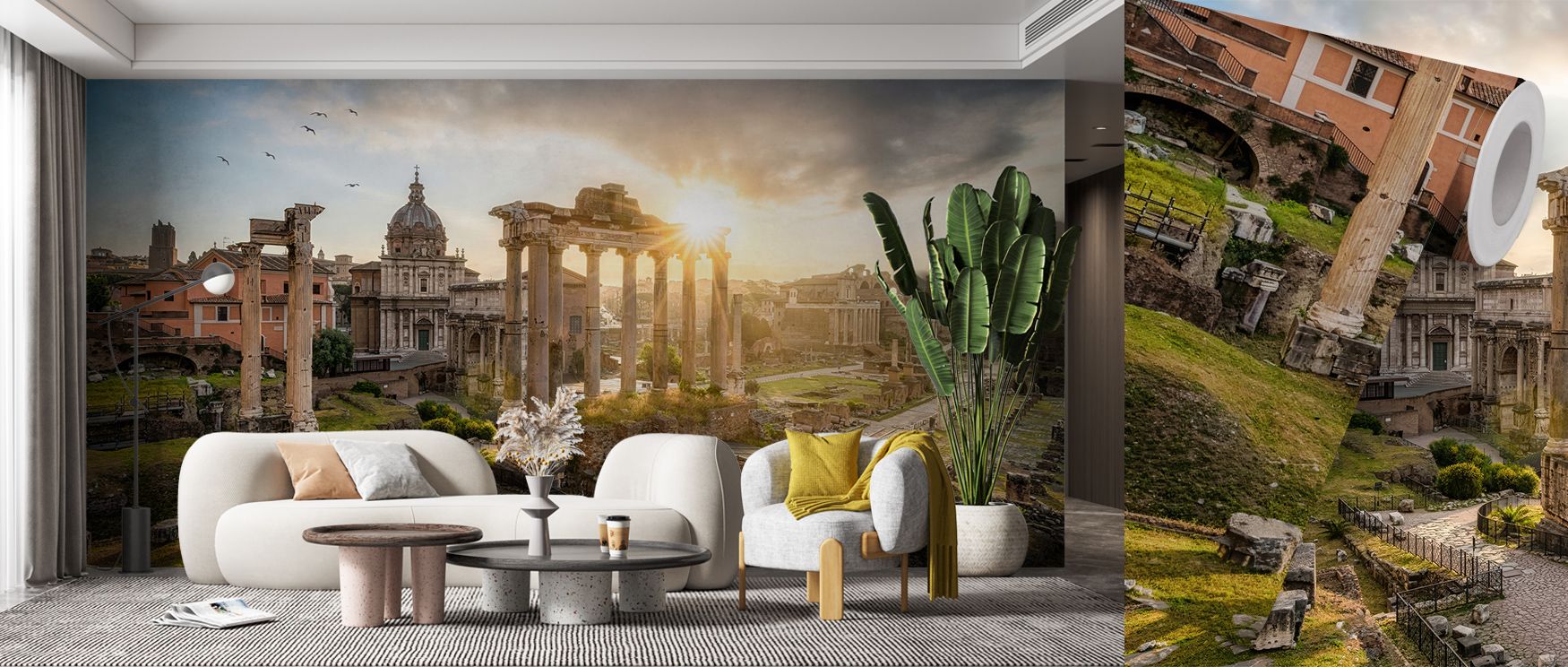 Serenity expands through Roman Forum Sunrise Wallpaper, illuminating old stones in balanced luminosity. Hints of rose imbue gentle optimism, crafting a timeless mood cherished by interiors steeped in artistic poise and gentle expression. 
