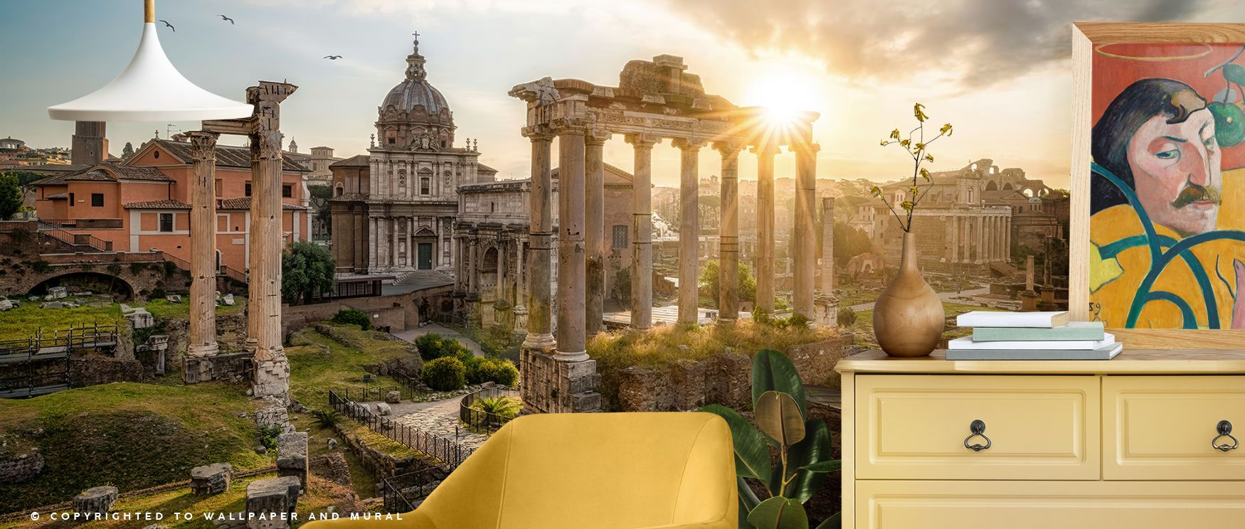 Golden serenity defines Roman Forum Sunrise Wallpaper, radiating warmth across carved remains. Each shade invites stillness and admiration, ideal for elegant interiors connecting classical soul with present-day simplicity. 
