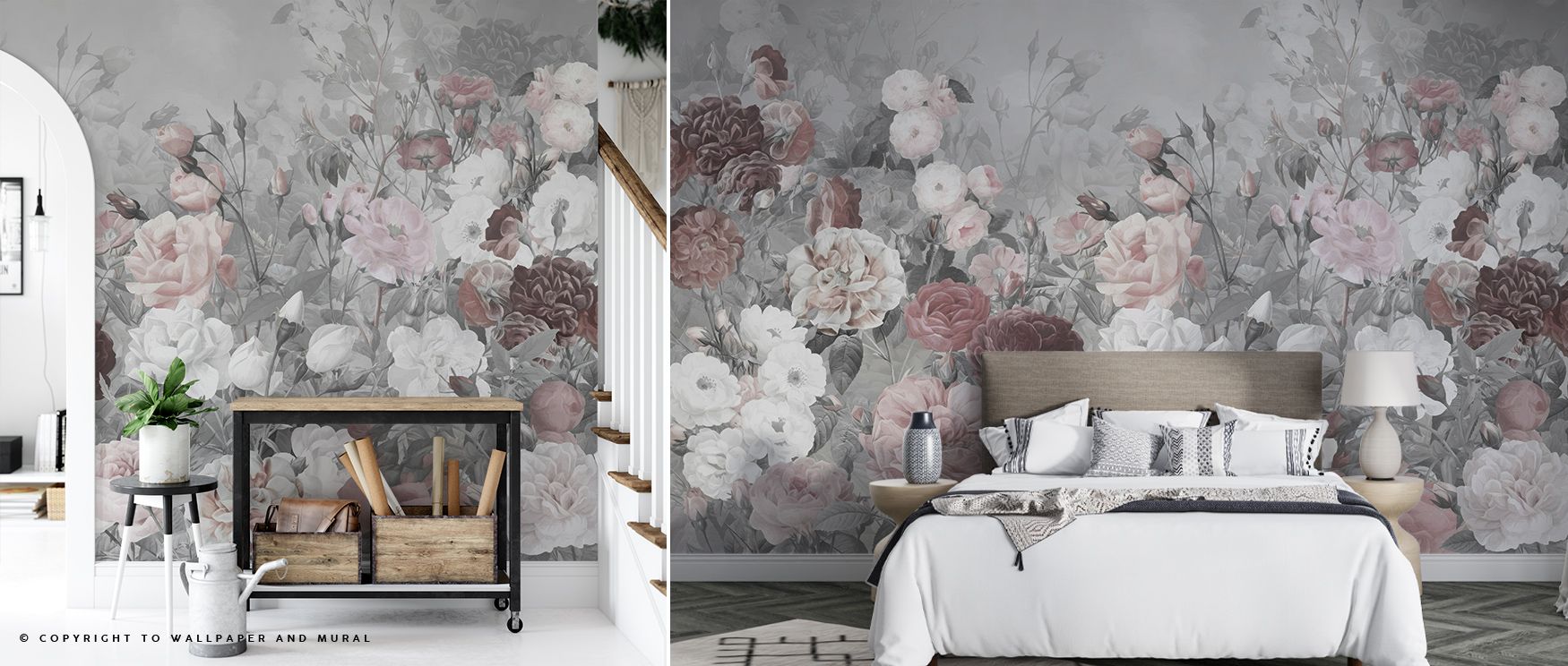 Blooming textures flow through Rose Garden Gray Wallpaper, turning muted tones into gentle radiance. Roses appear ethereal, diffusing calm light across interiors shaped by grace, modern simplicity, and timeless romanticism. 