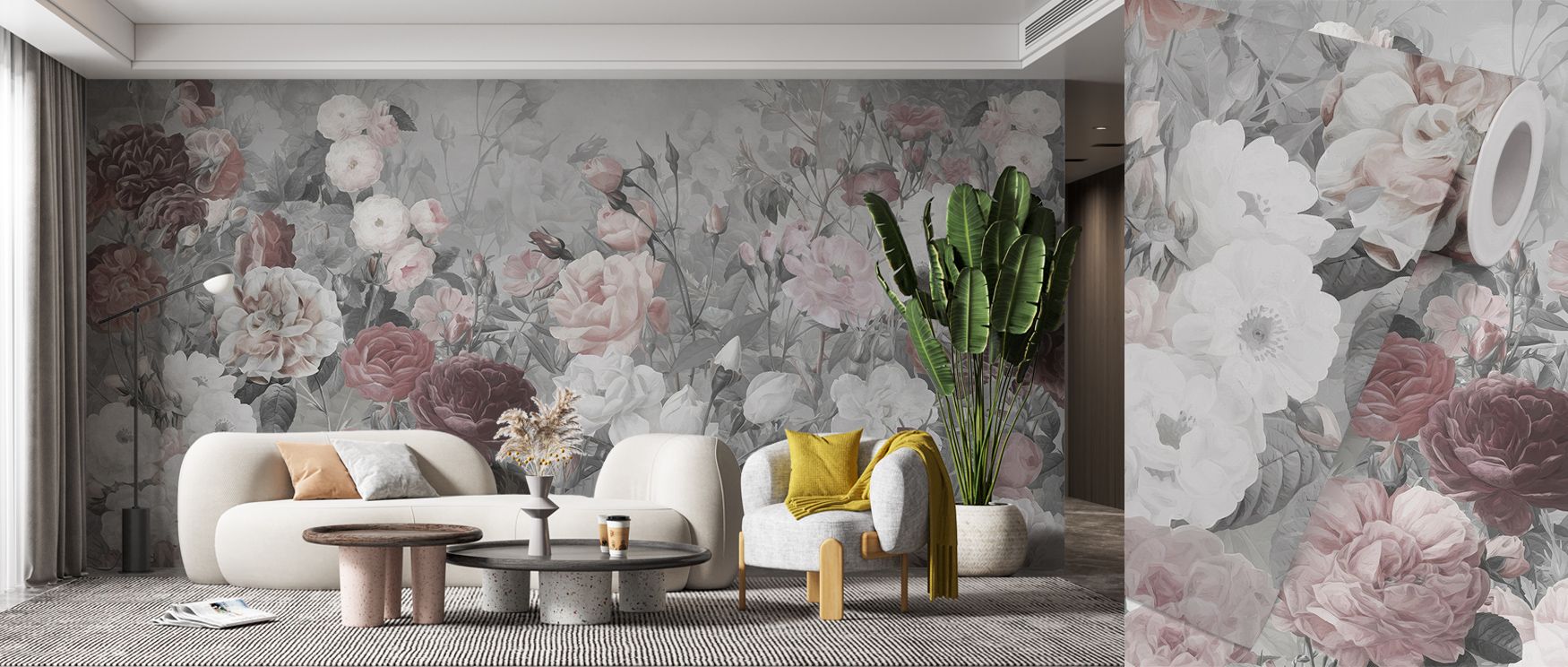 Soft gradients echo through Rose Garden Gray Wallpaper, uniting beauty and restraint. Each curve carries serenity, crafting balance between floral intricacy and airy refinement ideal for luxurious, tranquil rooms. 