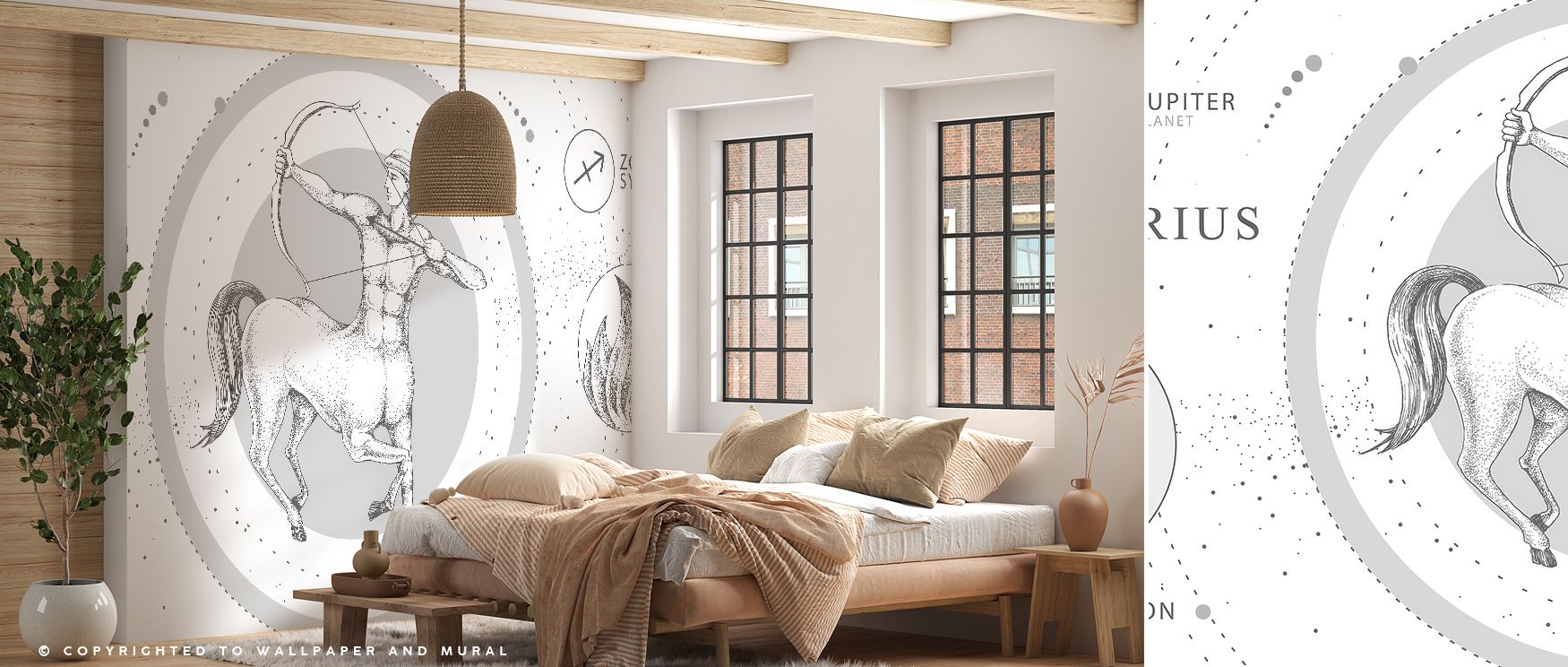 Softly glowing motifs trace the Archer’s constellation across Sagittarius Zodiac wallpaper. Shadows blend through cosmic tone, revealing intricate design depth. Each form invites reflection, perfect for interiors seeking inspiration and calm through light