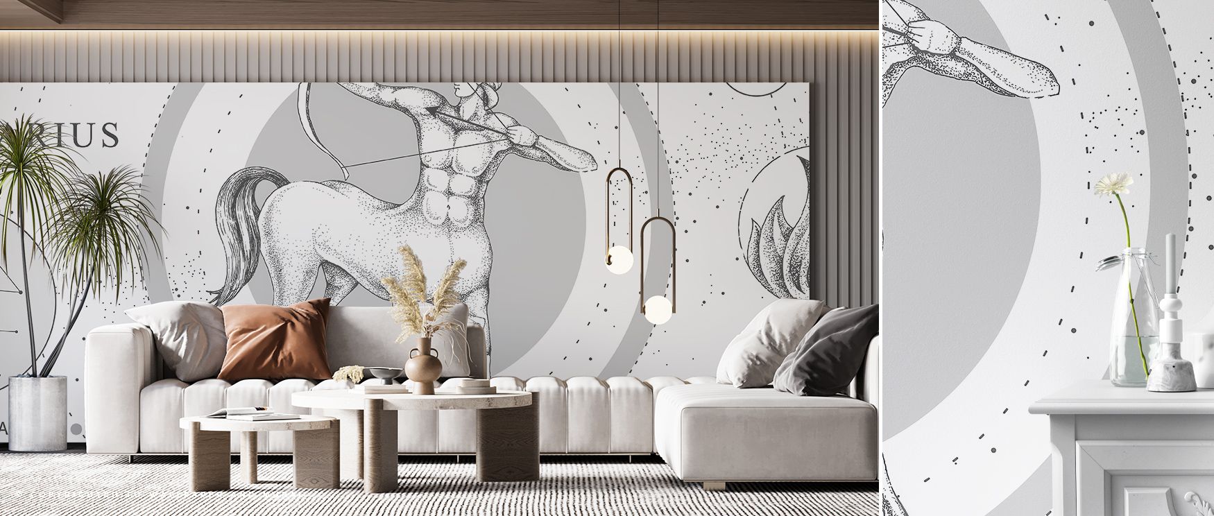 Golden arcs trace mythology through Sagittarius Zodiac wallpaper, turning walls into constellations of emotion and energy. Its artistry feels both ancient and modern, creating soft luminosity ideal for refined spaces inspired by the beauty of the night sk