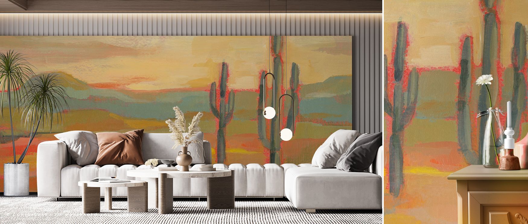 Organic precision defines Saguaro Desert wallpaper. Its cactus forms breathe quiet strength, harmonizing with earthy tones. Perfect for interiors where calm design meets natural artistry, it enriches rooms with gentle warmth and visual stillness through s