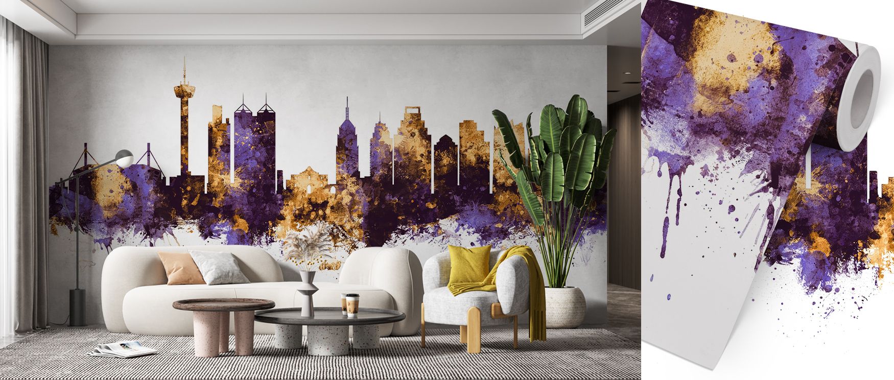 Soft transitions of light move across San Antonio Texas Skyline Purple & Gold, transforming the skyline into an artwork of harmony. The blend of rich pigment and radiant shimmer evokes modern nobility. Ideal for living areas that seek emotional tone and v