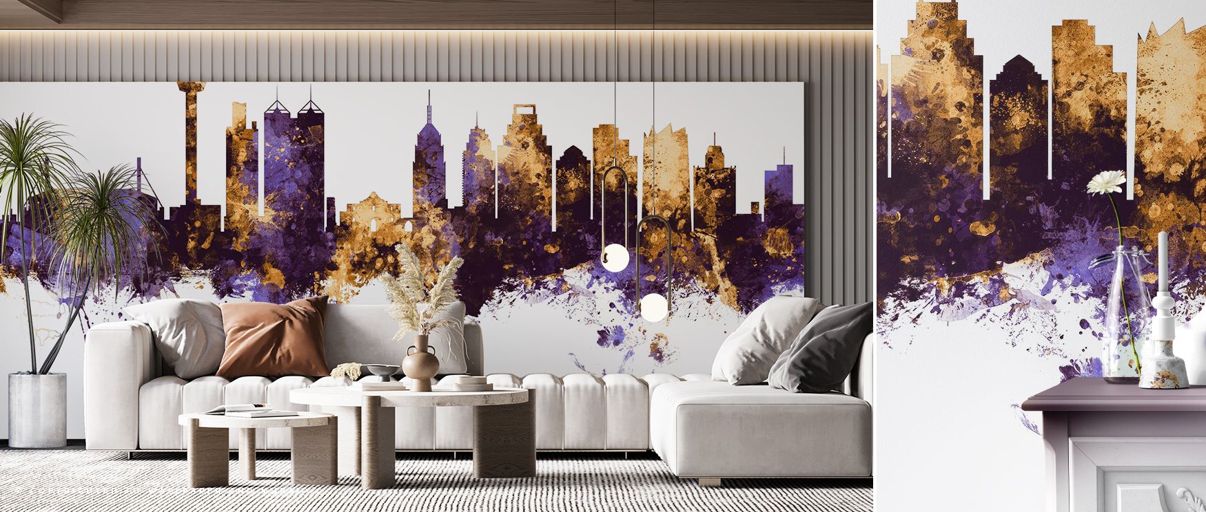 San Antonio Texas Skyline Purple & Gold speaks through texture and tone. Layers of color ripple like breath through architecture, creating movement in stillness. This balance of golden radiance and violet calm turns any wall into an ambient landscape of c