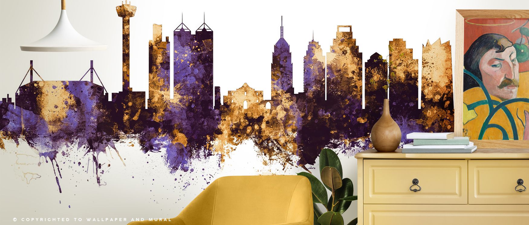 Every detail in San Antonio Texas Skyline Purple & Gold radiates polished stillness. Golden light outlines structural precision, while purple shadows flow beneath in soft unity. The skyline appears both solid and dreamlike, capturing luxurious tranquility