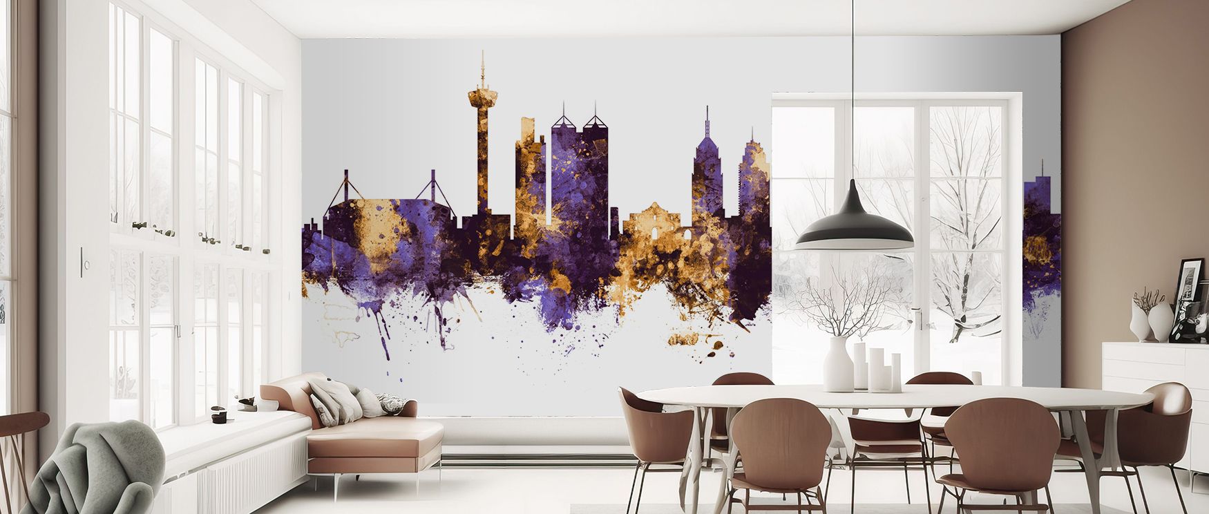 San Antonio Texas Skyline Purple & Gold interprets luxury as quiet strength. Its palette glows with purpose—deep, thoughtful, and beautifully restrained. Each reflection adds depth, creating timeless sophistication suited for interiors where light, archit