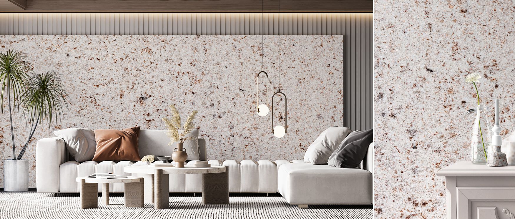 Sandstone wallpaper paints interiors in natural calm, its subtle variations resembling sun-warmed cliffs. Layers of shadow and light give dimension and grace, creating a grounded atmosphere of quiet confidence that complements organic materials and neutra
