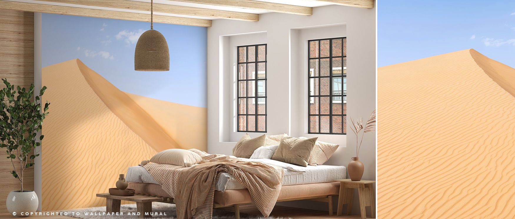 Sandy wallpaper evokes the essence of dawn light on tranquil dunes. Cream and pearl hues drift together, shaping contours of silence and reflection. Its flowing composition adds warmth and quiet order to interiors, bringing a meditative coastal experience