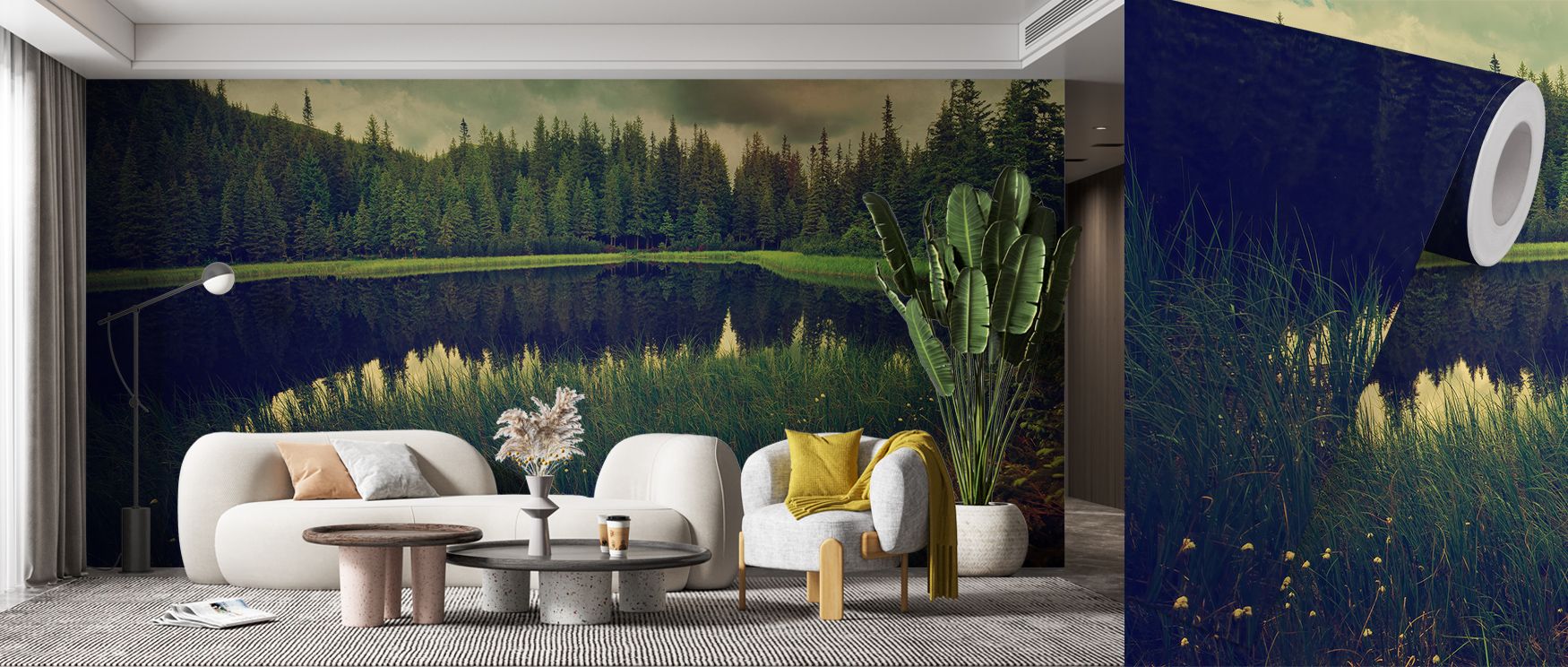 Silken reflections drift over Secret Lake Wallpaper, capturing a tranquil world in motionless beauty. The scene’s tactile softness adds emotion and calm, creating restorative interiors inspired by balance and stillness. Its visual depth makes every room f