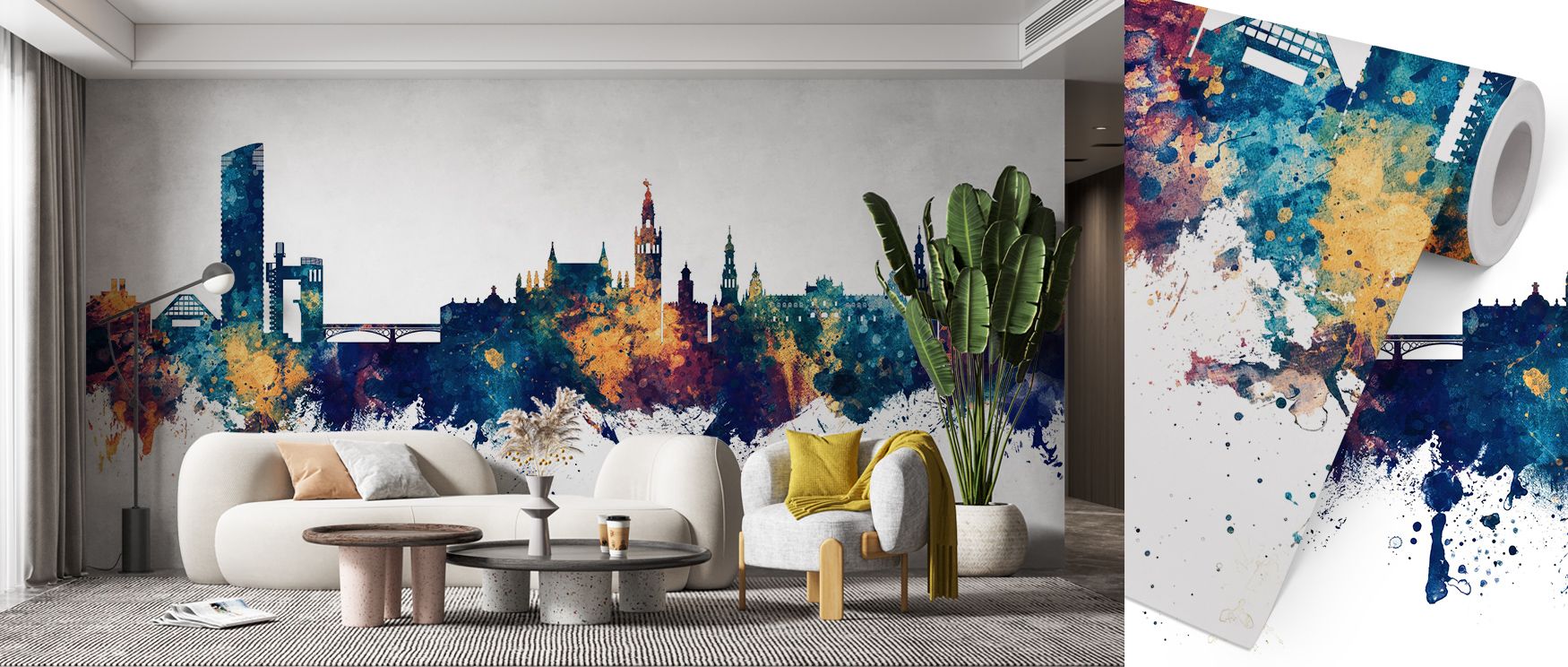 Sculptural silhouettes shimmer throughout Sevilla Skyline Blue & Bronze Wallpaper, their contours softened by bronze glow. The design captures evening stillness and structural grace. Its tonal harmony merges cool and warm light, enhancing interior depth a