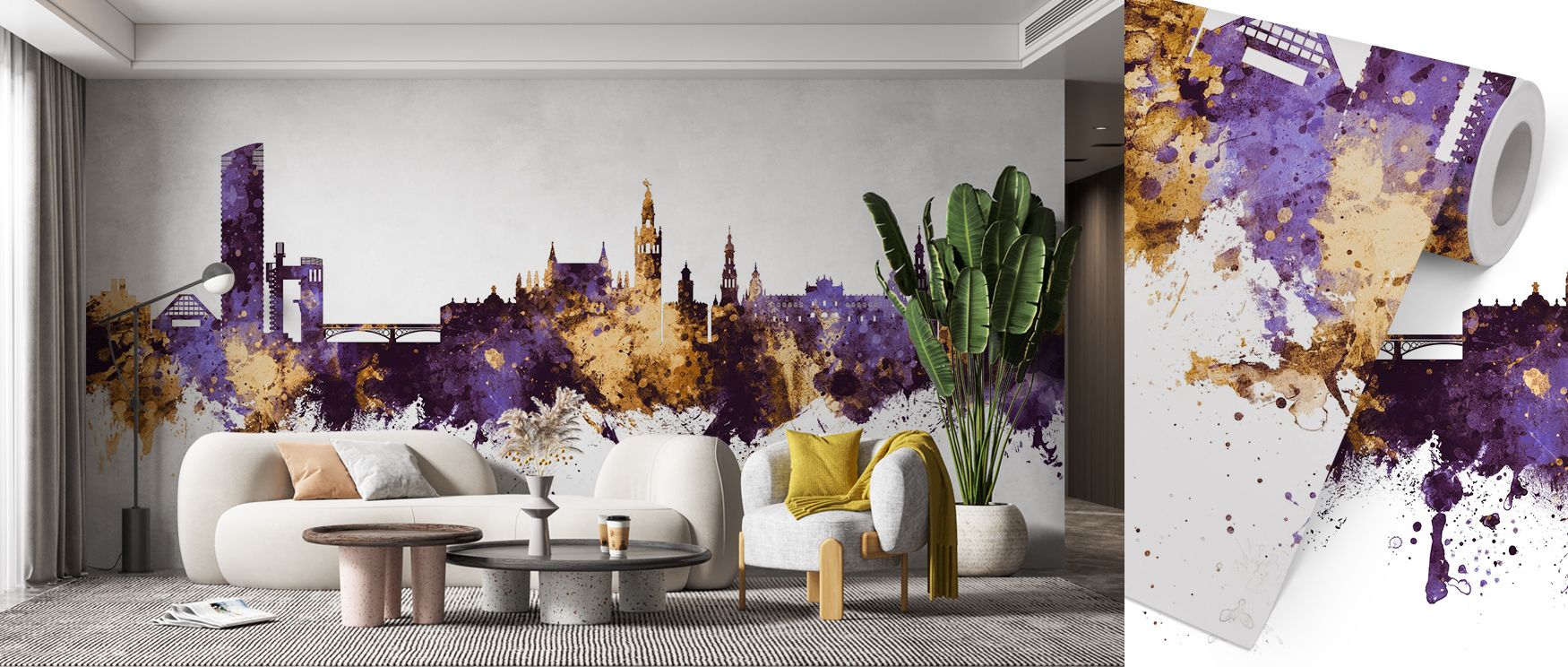 Sevilla Skyline Purple & Gold Wallpaper channels Seville’s heritage through lustrous metallic tones. Golden reflections meet violet dusk, filling interiors with luminous calm and enhancing contemporary spaces through timeless design artistry.