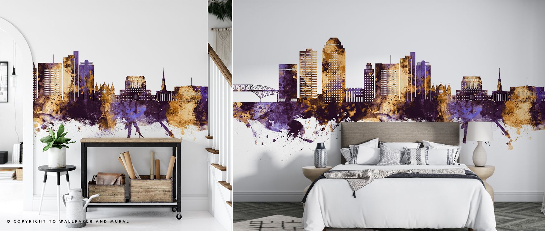 Refined yet vibrant, Shreveport Louisiana Skyline Purple & Gold Wallpaper depicts architectural silhouettes bathed in royal hues. The design mirrors twilight’s elegance, bringing luminous depth and calm sophistication to interior walls.