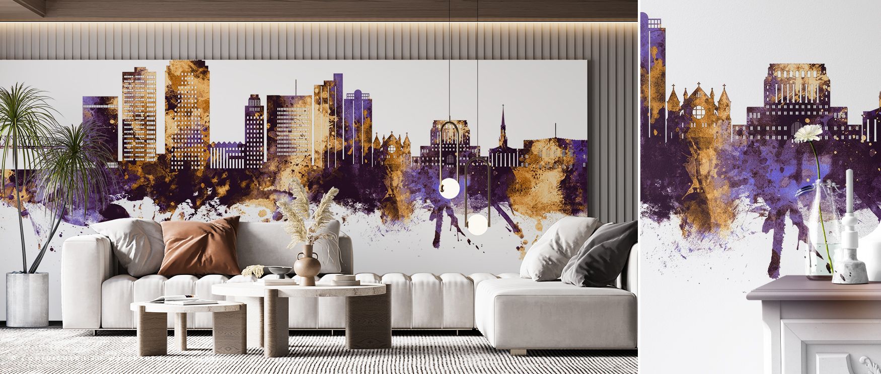Intricate linework and subtle texture define Shreveport Louisiana Skyline Purple & Gold Wallpaper, its shimmering hues celebrating the city’s heritage. The composition radiates warmth, artistry, and refined metropolitan appeal.