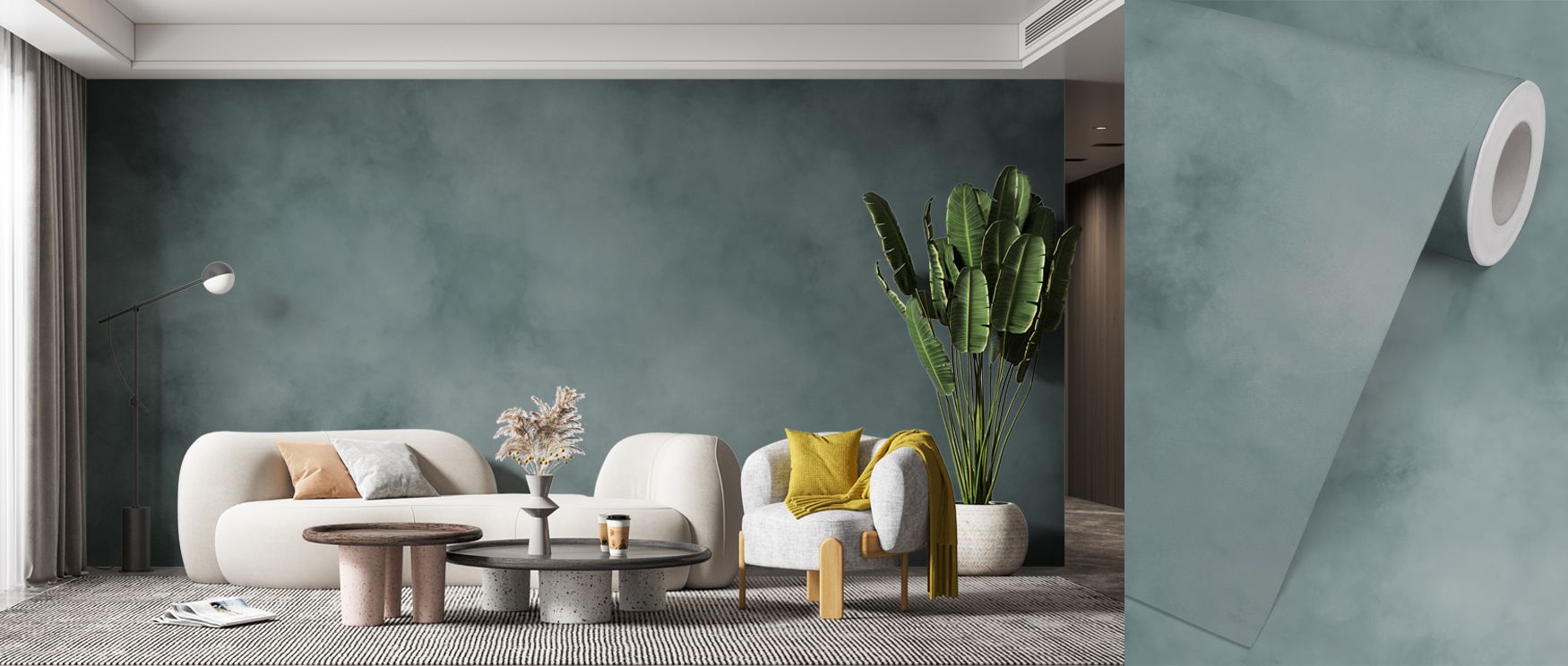 Fluid gradients ripple through Soft Fog, Seafoam Wallpaper, embodying the harmony of ocean mist. Each transition of color softens the senses, bringing emotional stillness and natural beauty to interiors designed for calm reflection.