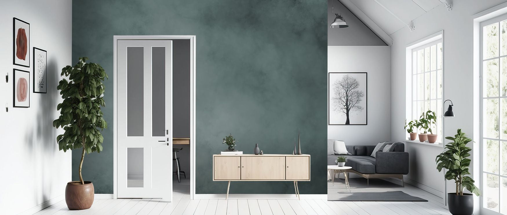 Seafoam hues flow through Soft Fog, Seafoam Wallpaper, forming an oceanic dreamscape alive with stillness. The soft diffusion of tone transforms walls into quiet panoramas filled with natural rhythm and emotional calm.