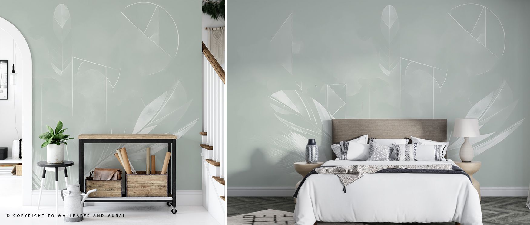 Soft motion ripples across Solid Feather Geometry Green Wallpaper as light plays along textured greens. The repeated feather geometry conveys both strength and softness, giving interiors calm unity and visual refinement rooted in artful design.