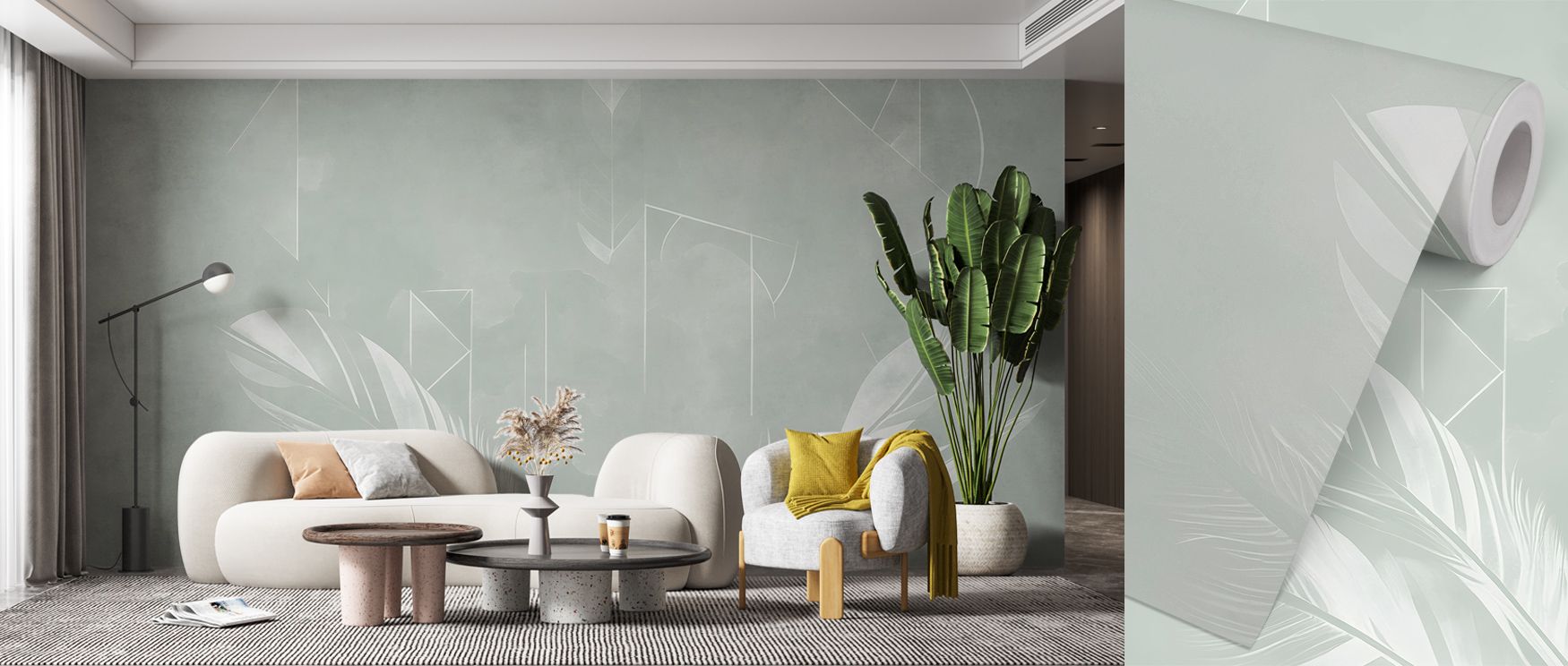Solid Feather Geometry Green Wallpaper merges tactile texture with gentle motion. Feathers align in elegant patterns, creating visual balance that resonates with serenity and contemporary sophistication throughout living spaces.