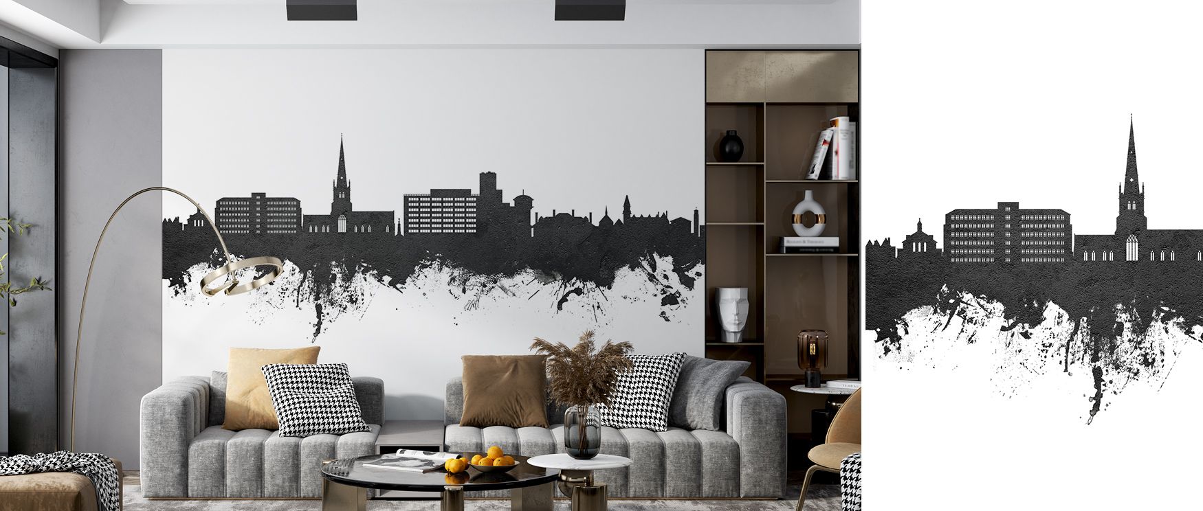 Softly luminous and intricately detailed, Solihull England Skyline Black & White Wallpaper mirrors Solihull’s skyline under subdued light. The balance of tone and structure enhances interiors with serenity, order, and artistic precision.