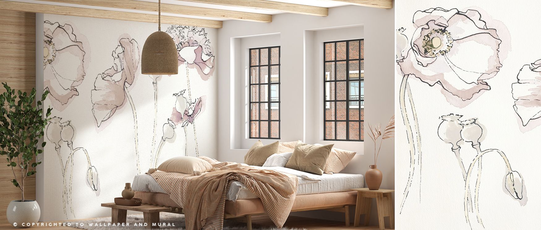 Neutral tones merge with delicate floral outlines in the Somniferums Neutral Wallpaper, capturing balance between minimalism and nature’s quiet elegance. Each flower seems hand-painted in whispers of ivory and sand, evoking peace and sophistication. The r