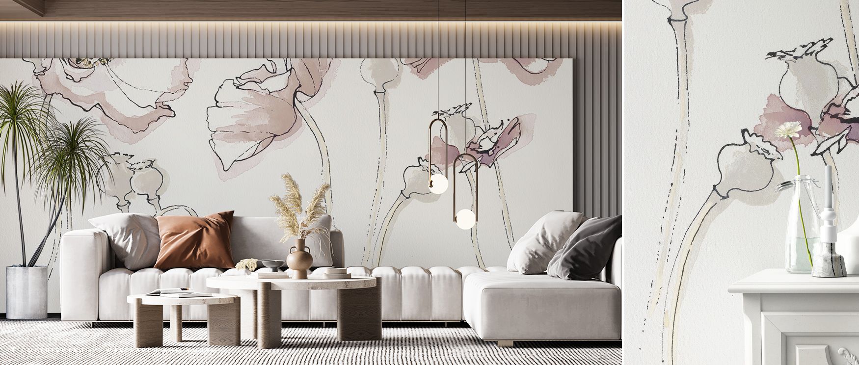 Soft ivory petals appear suspended in motion within the Somniferums Neutral Wallpaper, casting gentle reflections across muted beige tones. The design’s fluid composition feels meditative and luxurious, enveloping interiors in quiet artistry and peaceful 
