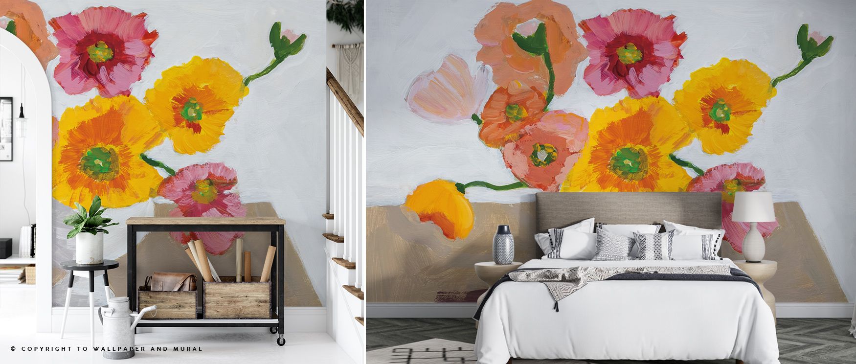Sorbet Flowers Vibrant Bloom Design Wallpaper energizes interiors with overlapping petals, bright tones, and soft stems for bedrooms, living rooms, or creative spaces. Gradients enhance depth and subtle motion. Rhythmic patterns guide the eye. Interiors f