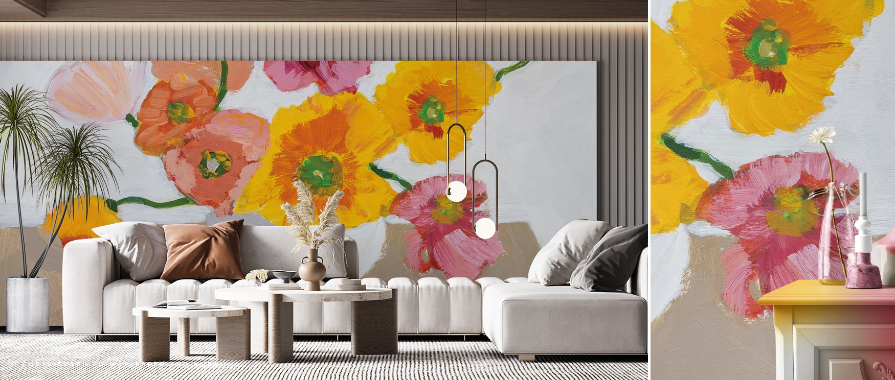 Sorbet Flowers Vibrant Bloom Design Wallpaper blends layered floral textures with bold colors for bedrooms, living rooms, or creative corners. Petal arrangements guide visual flow. Subtle shadows and gradients enhance depth. Interiors are lively and immer